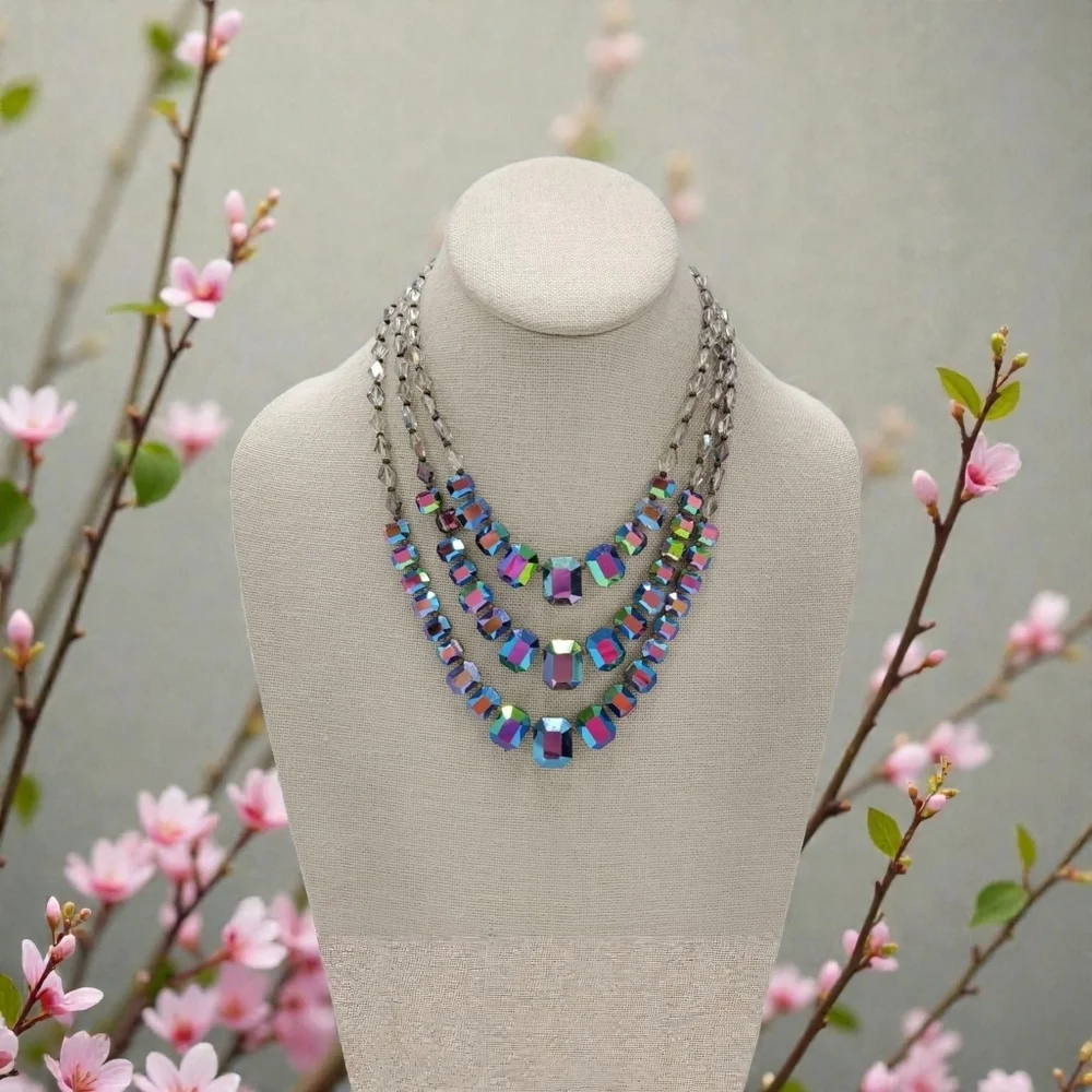 Peacock AB Aurora Borealis Glass Crystal Bead Necklace And Art Class Jewelry Lot